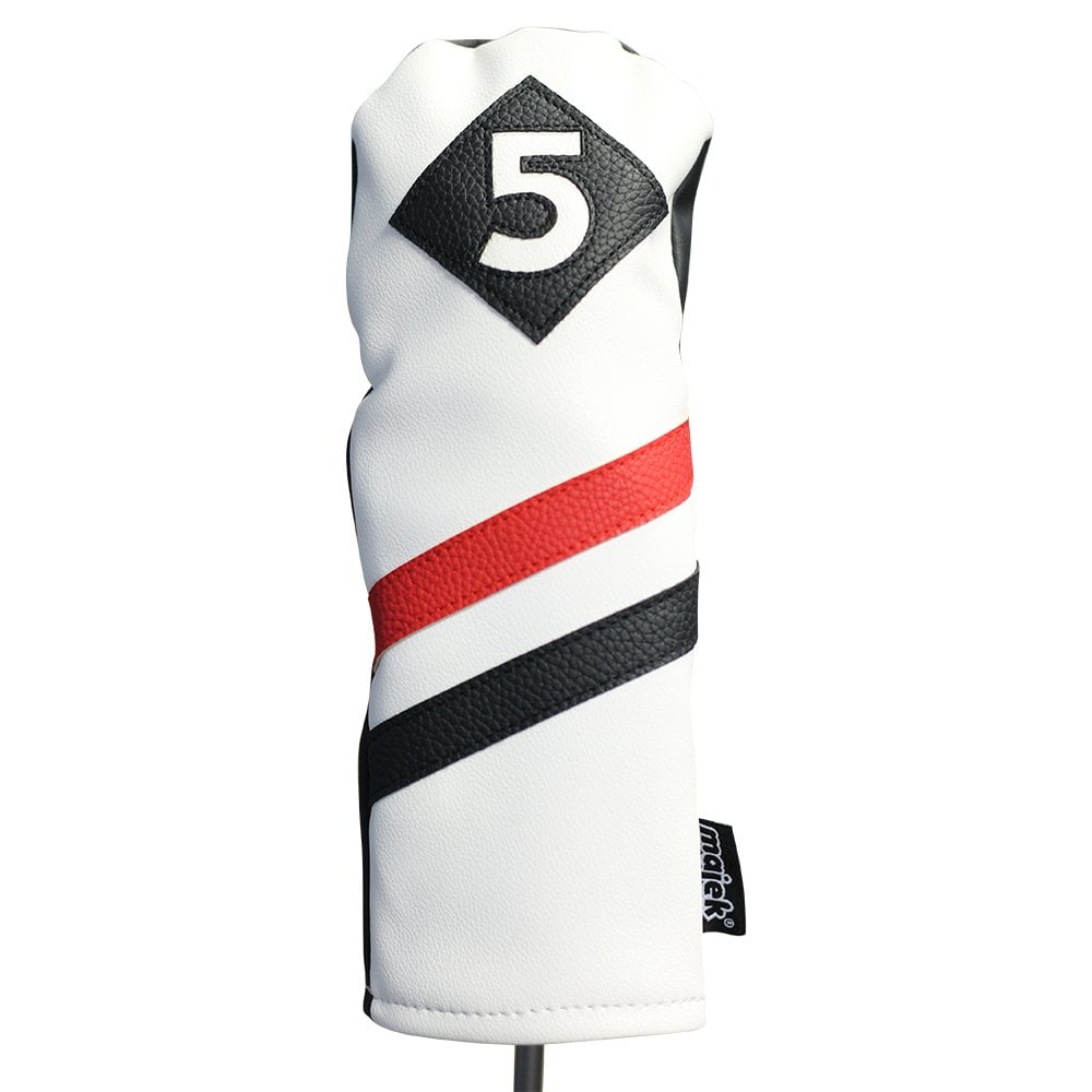 Majek Retro Golf Headcover White Red and Black Vintage Leather Style #5 Fairway Wood Head Cover Classic Look