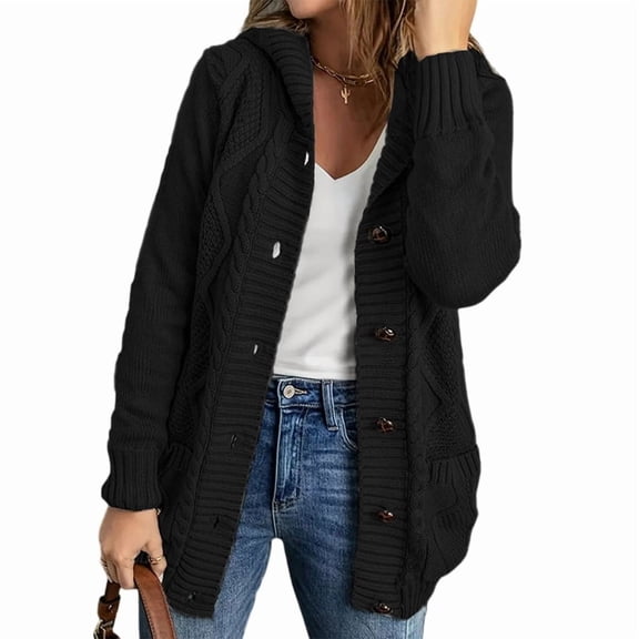 Women'S Hooded Cardigan Chunky Knit Sweater Fall Winter Style Thick Front Button-Down Coat with Pockets Black 5XL