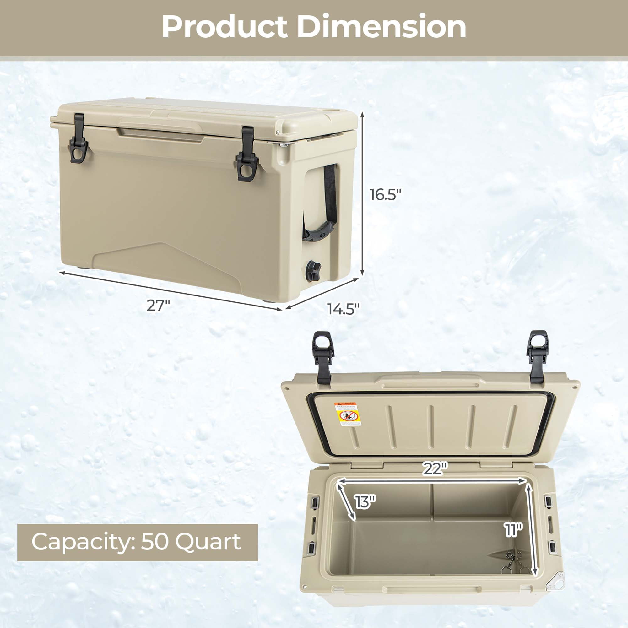 Costway 50 QT Rotomolded Cooler Portable Ice Chest Ice Retention for 5-7 Days Tan