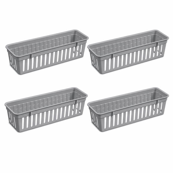 Stcellnmex 4 Pcs Slim Plastic Storage Baskets Gray 10.25x3.25x2.5 Inch Hollow for Drawer Shelf