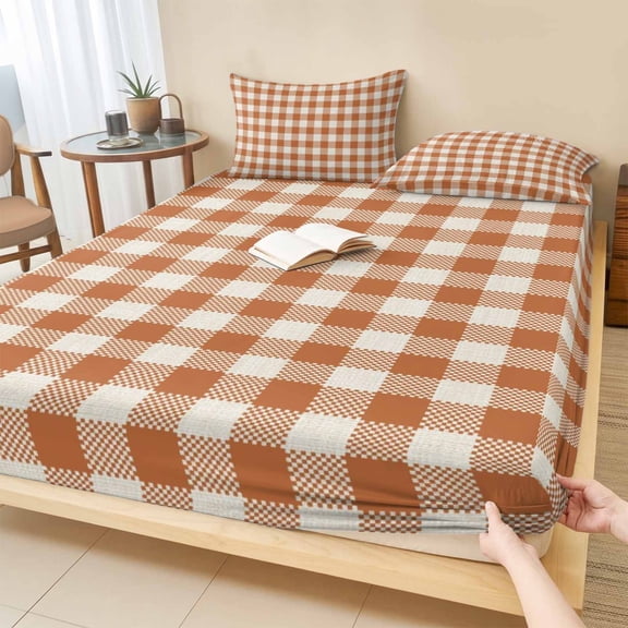 Cal.King Size Fitted Sheet Set - Dark Orange Checkered 3 Piece Bedding Sets 16" Deep Pocket Fitted Sheet with 2 Pillowcases, Fall Farmhouse Buffalo Plaid Linen Brushed Microfiber Hotel Bed Sheets