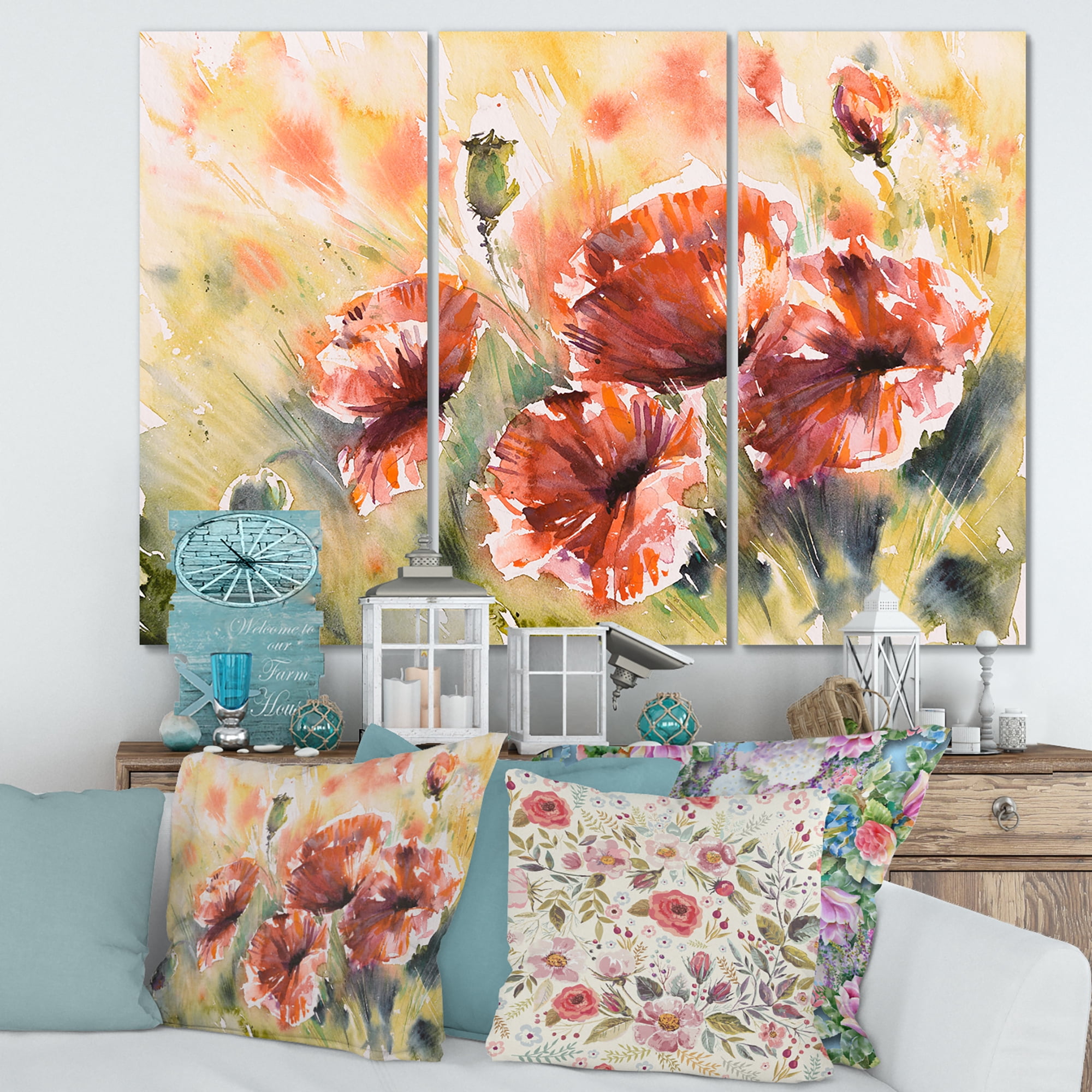 Designart ' Abstract Red Poppy On A Field ' Traditional Canvas Wall Art Print