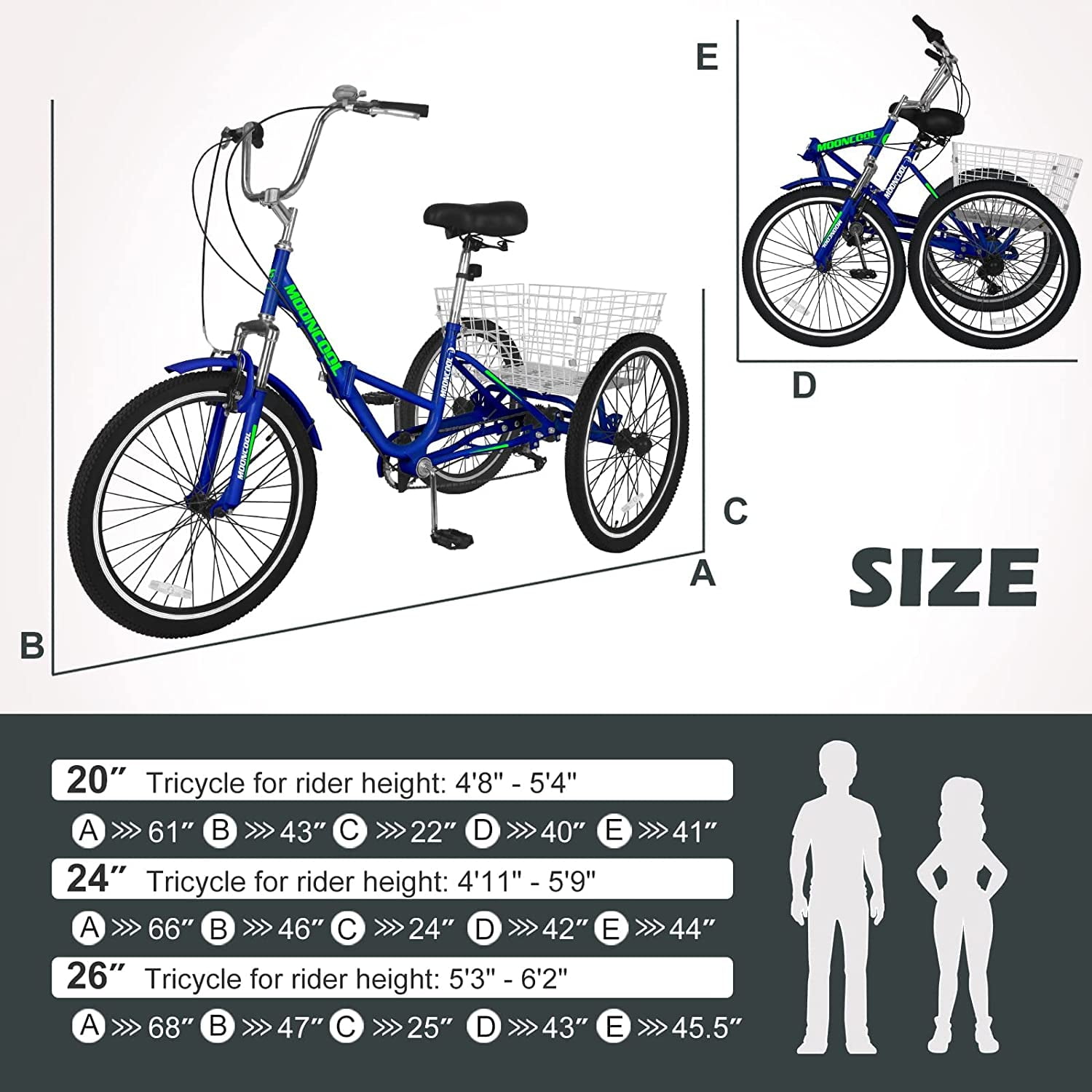 Mooncool Adult Folding Tricycle 7-Speed, Adult Trikes 24 inch Wheel Cruiser Bike with Cargo Basket, Foldable Tricycle for Adults, Women, Men, Seniors Exercise Shopping