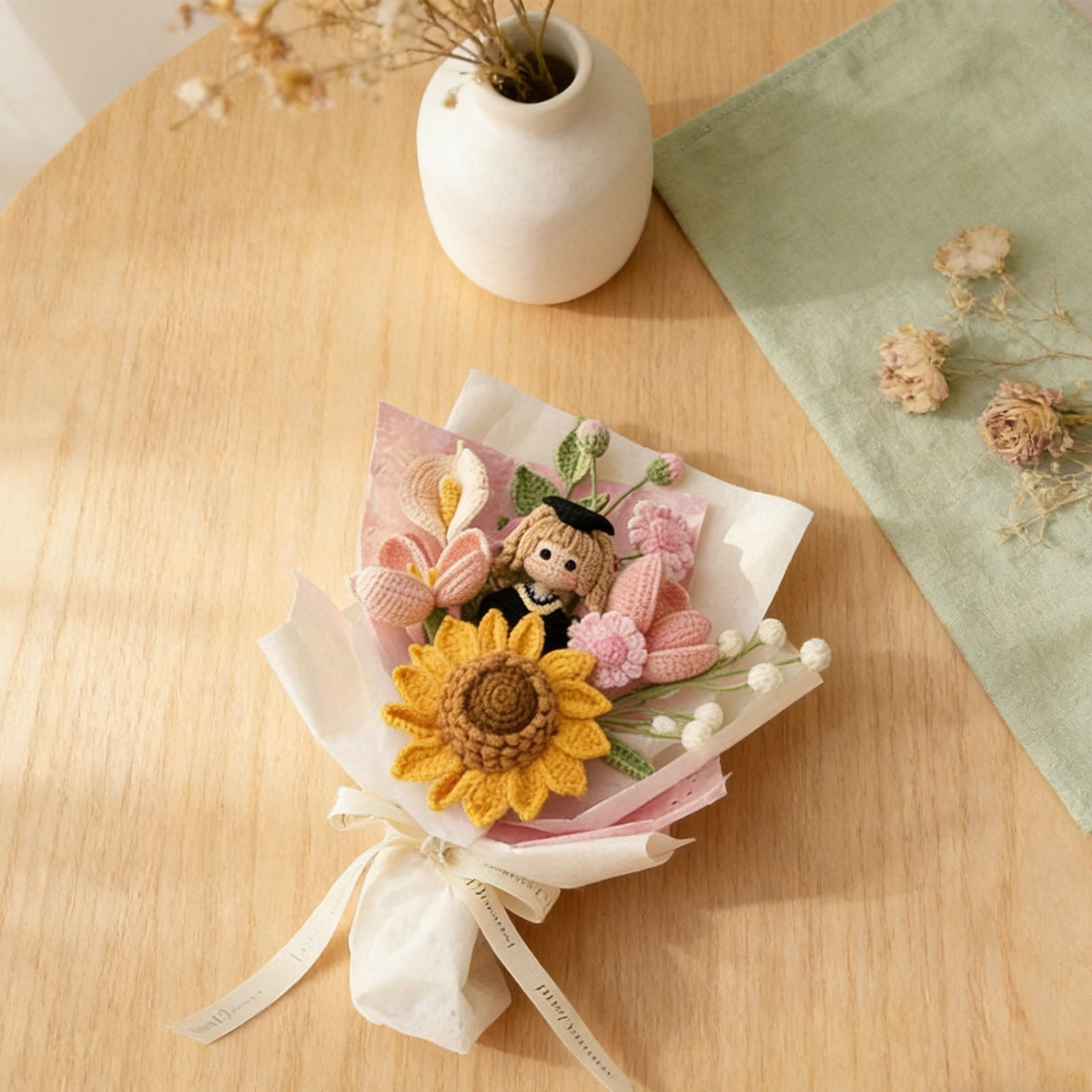 Handmade Crochet Bouquet, Sunflower Knitted Flowers, Artificial Knit Floral, Grad Greeting Cards, Grad Doll Bouquet, Home Decor Accent, Celebration Gift for Graduation