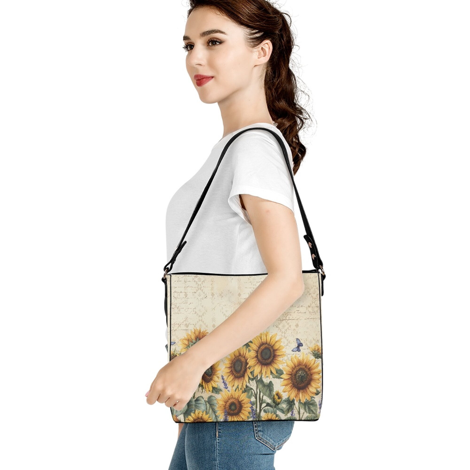 Kuiaobaty Sunflower Butterfly Print Bucket Crossbody Bag for Women, Large Capacity Vegan Leather Shoulder Purse with Adjustable Strap, Multi Pocket Hobo Satchel Purse Crossbody for Travel