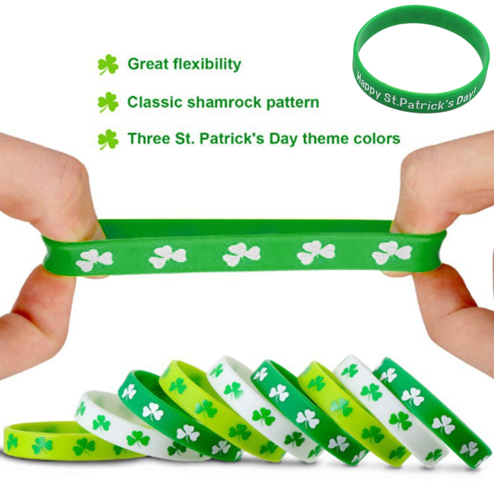 JUNEBRUSHS Lot de 24 bracelets en silicone pour fête de la Saint-Patrick, trèfle, trèfles verts, bracelets en caoutchouc pour adultes, fête de la Saint-Patrick, Irlande, décorations de vacances de