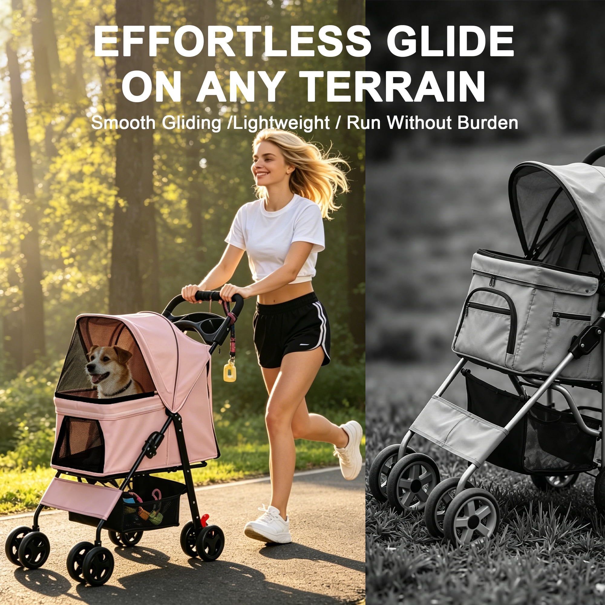 One-Click Foldable Pink Pet Stroller for Small Dogs & Cats, Holds Up to 28 LBS, Breathable Mesh, 360° Swivel Wheels with Lock Brakes, Storage Tray & Basket for Travel Walking