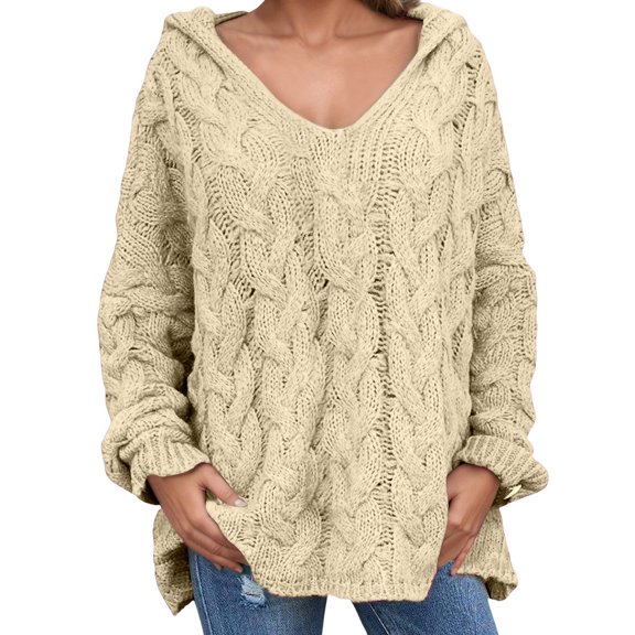 DHFJKG Women's Sweaters Hoodies Knit Jacquard Oversized Deep V Neck Loong Sleeve Hooded Pullover Sweater Solid Color Versatile Jumper Tops