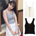 thumbnail image 3 of Women Sleeveless Knit Rib Crop Vest Strap Lace-up Top Solid Color Square Collar Strap Lace-up Vest, 3 of 8