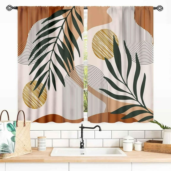 Mid Century Modern Curtains, Boho Aesthetic Tropical Palm Leaves Abstract Minimalist Geometic Arch Small Short Curtains Treatments for Bedroom Living Room Bathroom Window 2 Panels, 27.5x36 Inch