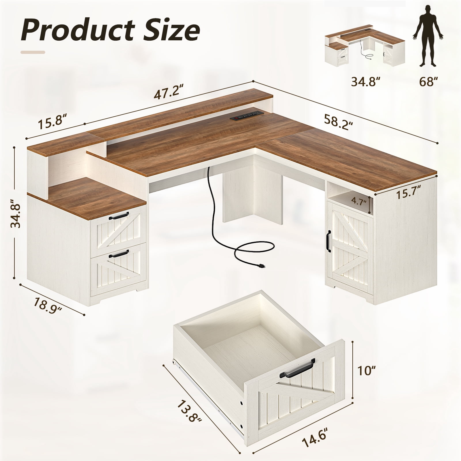 63" Farmhouse L Shaped Executive Desk with Drawers & Storage Shelf, Corner Computer Desk with Power Outlets, L Shaped Office Desk with Monitor Stand, Printer Shelf, Antique White