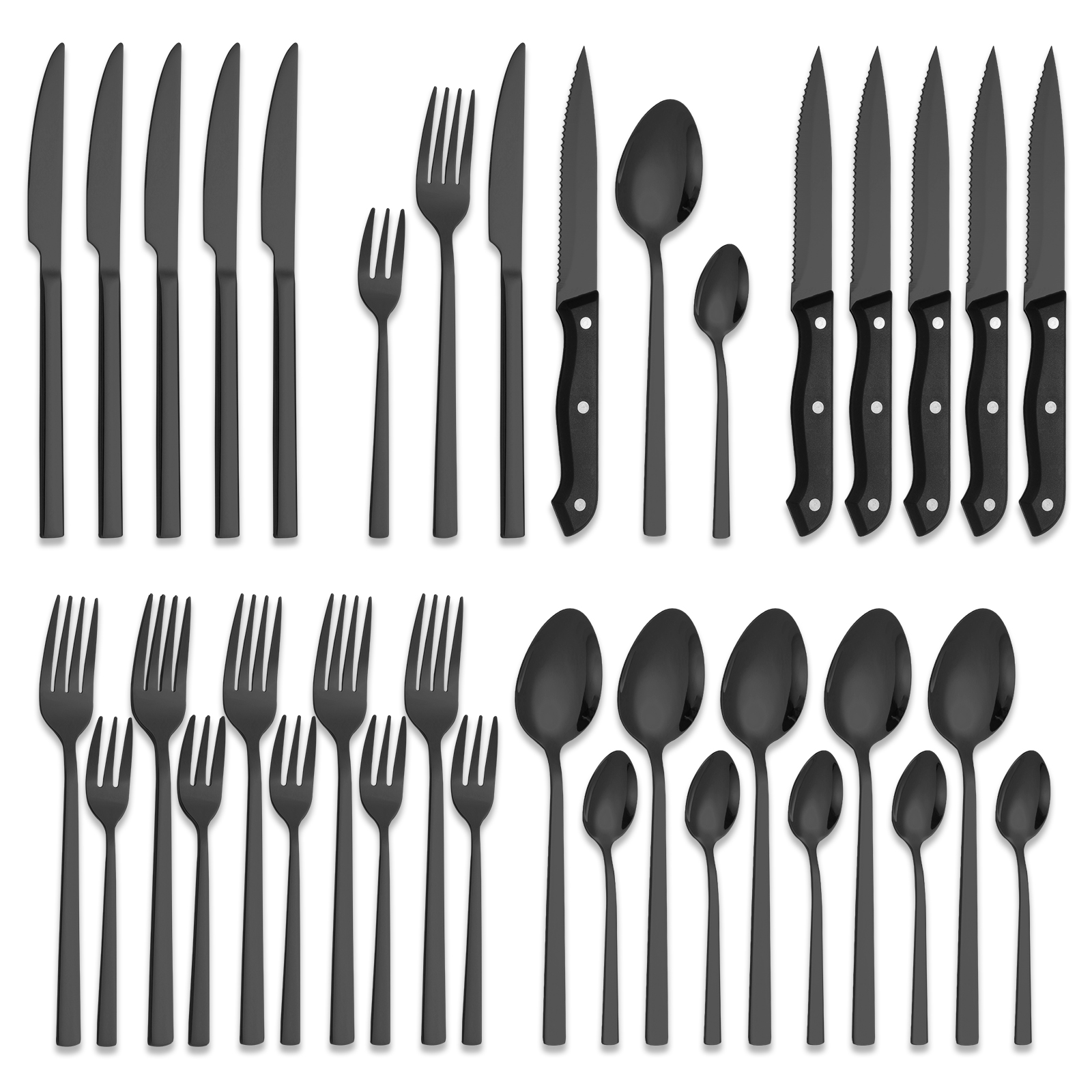 Black Silverware Set with Steak Knives Stainless Steel Flatware Cutlery