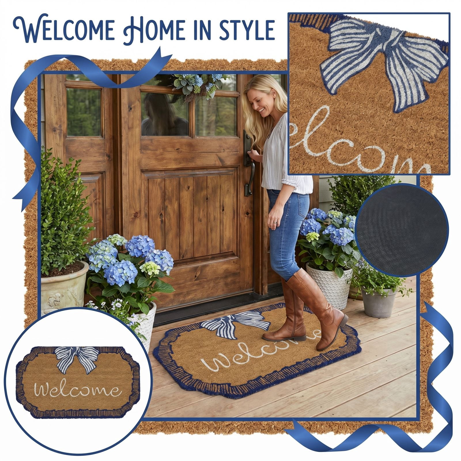 Bow Welcome Coir Outdoor Doormat, Blue and White Non-Slip Entrance Door Rug for Indoor Outdoor Home Bathroom Decor