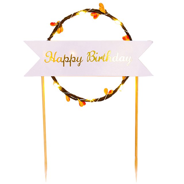 Coofit Birthday Cake Topper Novelty Rattan Wreath Cake Stick Cake Decoration with Light