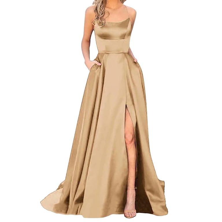 Women'S Formal Dresses Prom Ladies Long Women Elegant Backless DressesCrisn  Satin Spaghetti Party Dress Side Slit Wedding Evening With Pockets Yellow