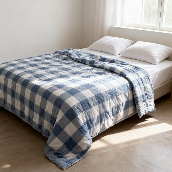 NWOKYZGH Soft Pre-washed Cotton Plaid Quilt, Lightweight Checked Summer Quilt, Grid Bedding Coverlets for All Seasons, 78"x59"