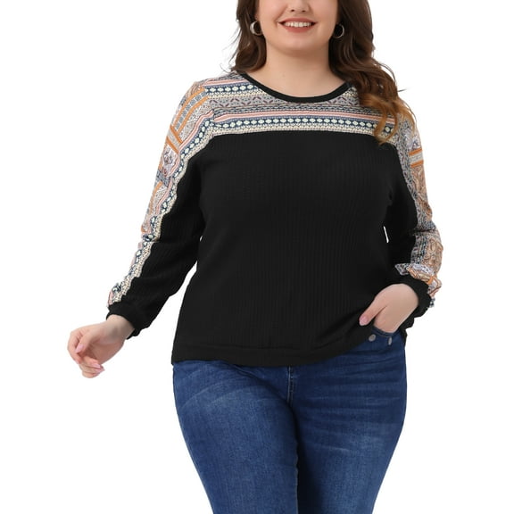 Agnes Orinda Women's Plus Size Boho Tops Texture Color Block Crew Neck Long Sleeve Casual Waffle Blouse 1X Black