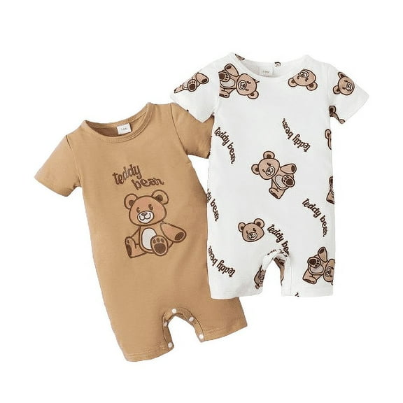 Mikrdoo 0-18 Months Baby Clothes Cute Bear Print Summer Bodysuits Short Sleeve Jumpsuits 2Pcs Romper Set White&Brown