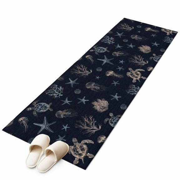 Navy Blue Coastal Runner Rug 2x6 FT, Non Slip Hallway Carpet, Nautical Summer Beach Sea Turtle Starfish Washable Floor Carpet Throw Runner Carpet Long Rug for Entryway Kitchen Bedside Sliding Door