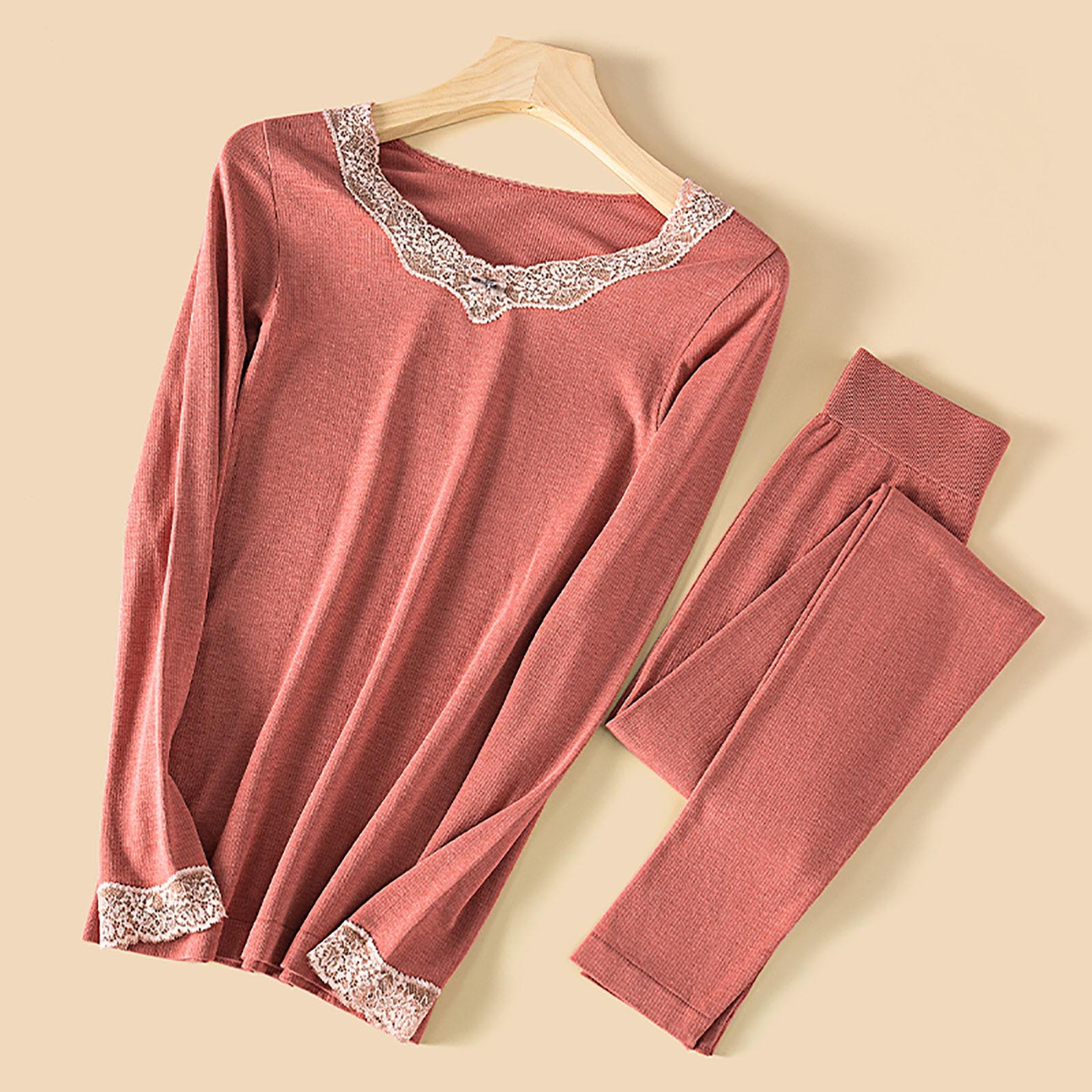 BONIXOOM Womens Christmas Pajamas Thanksgiving Pajamas Leisure None Long Sleeve Sleepwear Sets Solid Red Free Size