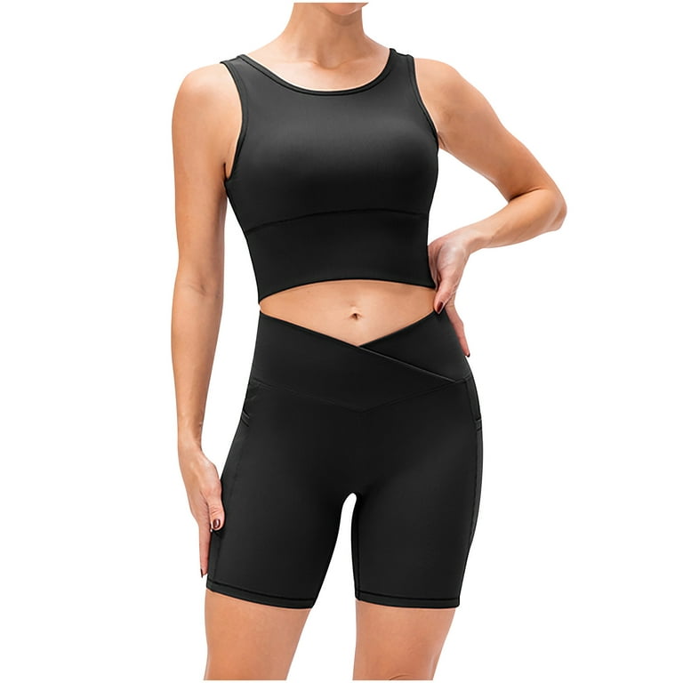 Workout Sets for Women 2 Piece Seamless Crop Tank Sport Bra High Waisted  Pockets Yoga Shorts Tracksuit Yoga Outfits