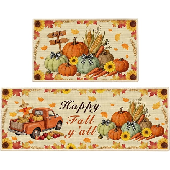 GM GMISUN Fall Kitchen Rugs, Farmhouse Pumpkin Truck Kitchen Mats Set of 2, Sunflower Autumn Harvest Rustic Home Decor for Floor, Bathroom