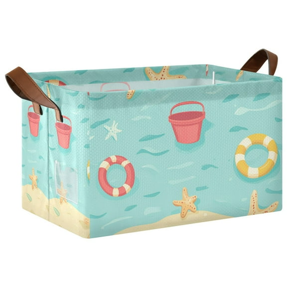Yayeee Foldable Storage Basket for Shelves with Handles Waterproof Cloth Bins, Blue Beach Pattern