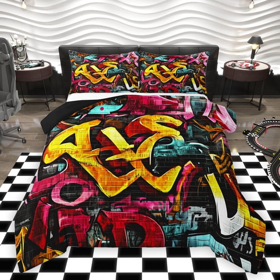Homewish Cartoon Graffiti Bedding Comforter Set, Hip Hop Lover Twin Comforter Sets, Teens Kids Boys Girls Reversible Bedding Set, Luxury Bedroom Decor, 2 Pieces