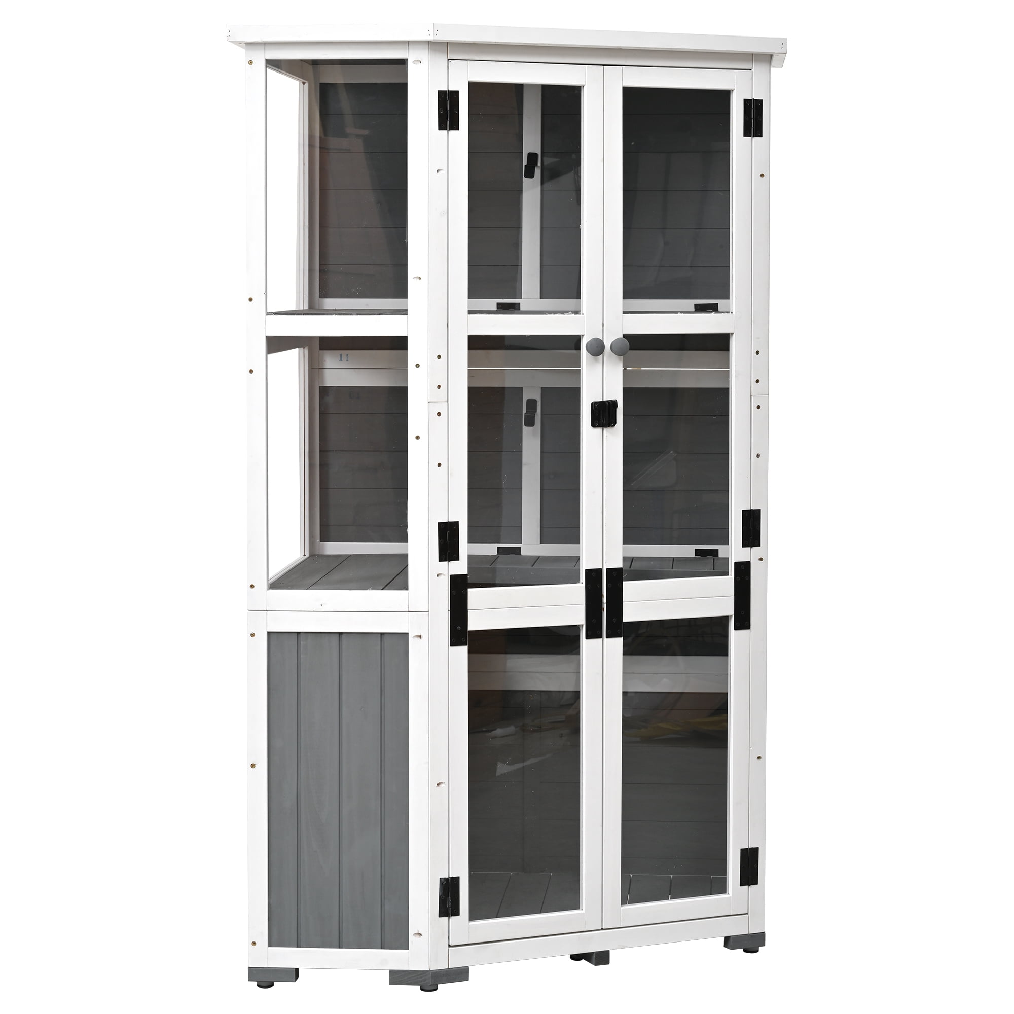 MAYEERTY 63'' Garden Wood Storage Cabinet – Outdoor Tool Shed & Mini Greenhouse with Lockable Door, Waterproof Roof, and Adjustable Shelves
