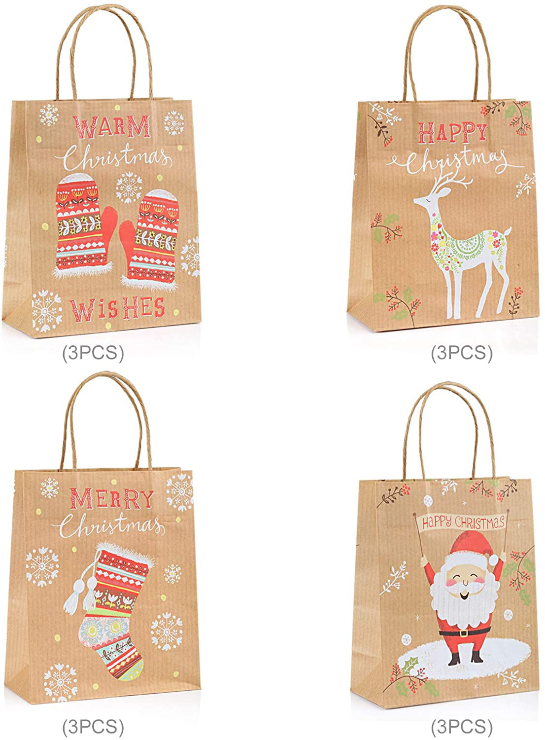 1-3pcs Christmas Gift Bags Kraft Paper Bag w/Handle Kids Party Xmas Shopping Bag 