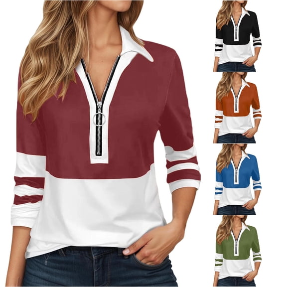 HCYSFG Womens Color Block Polo Shirts Notch Neck 3/4 Sleeve Quarter Zip Relaxed Fit Casual Golf Shirt Everyday Wear Tops