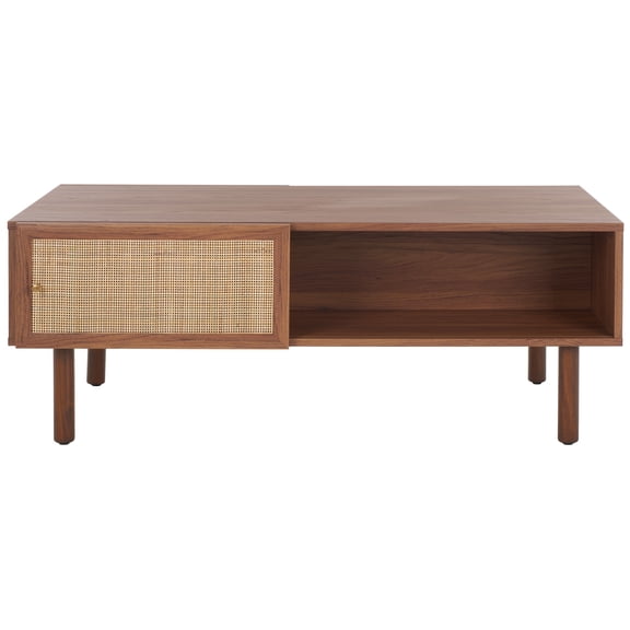 SAFAVIEH Silvanna 2 Door Coffee Table, Walnut/Natural Rattan (43 in. W x 21.7 in. D x 16.3 in. H)
