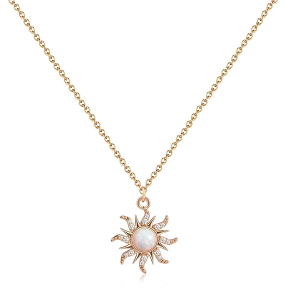 Gold Plated Sun Opal Necklace October Birthstone Necklace with CZ Around Golden Sun Pendant Necklace for Women Opal Jewelry