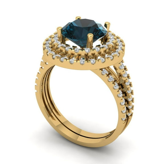 2.68 ct Brilliant Round Cut Natural London Blue Topaz 18K Yellow Gold Halo Solitaire with Accents Engagement Bridal Wedding Ring Band Set size 11