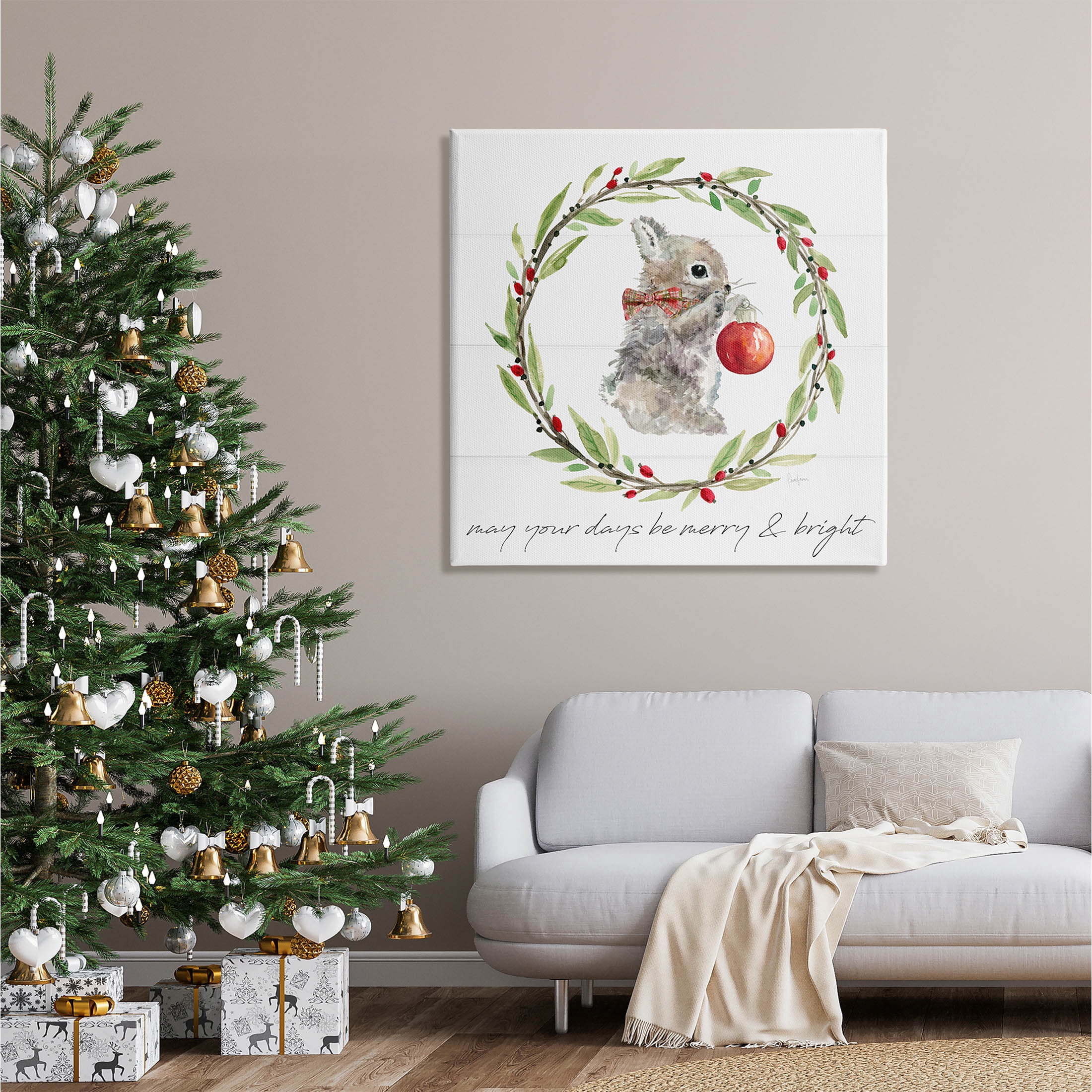 Stupell Industries Merry & Bright Bunny Wreath Graphic Art Gallery Wrapped Canvas Print Wall Art, Design by Livi Finn