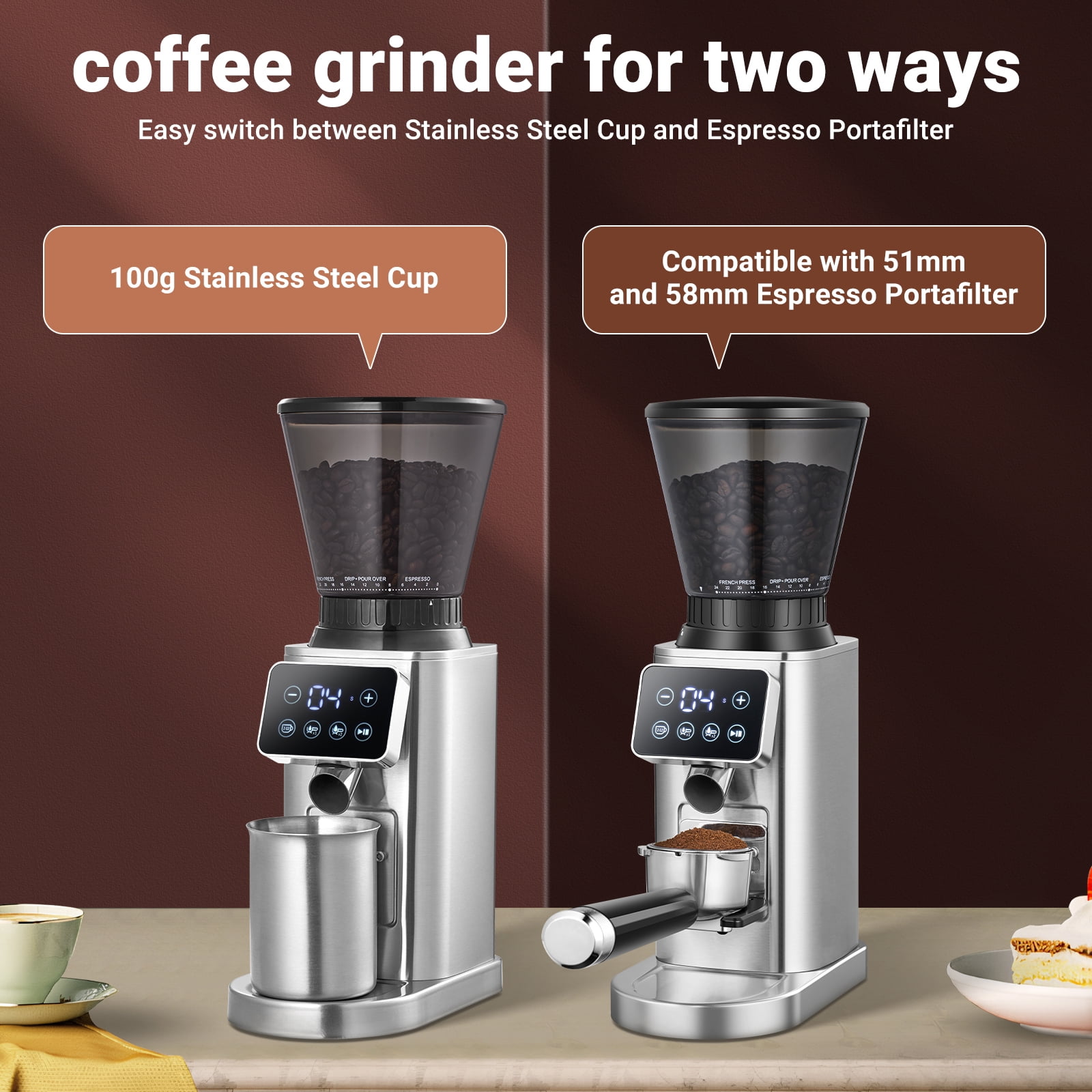 Sunmaki Electric Burr Coffee Grinder, 24 Grind Settings, LED Control Panel, Anti-Static Design, Silver