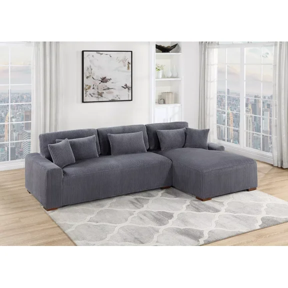 Dark Gray Corduroy 2pc XL-Sectional Sofa Living Room Set LAF Sofa and RAF Chaise Pillows Living Room