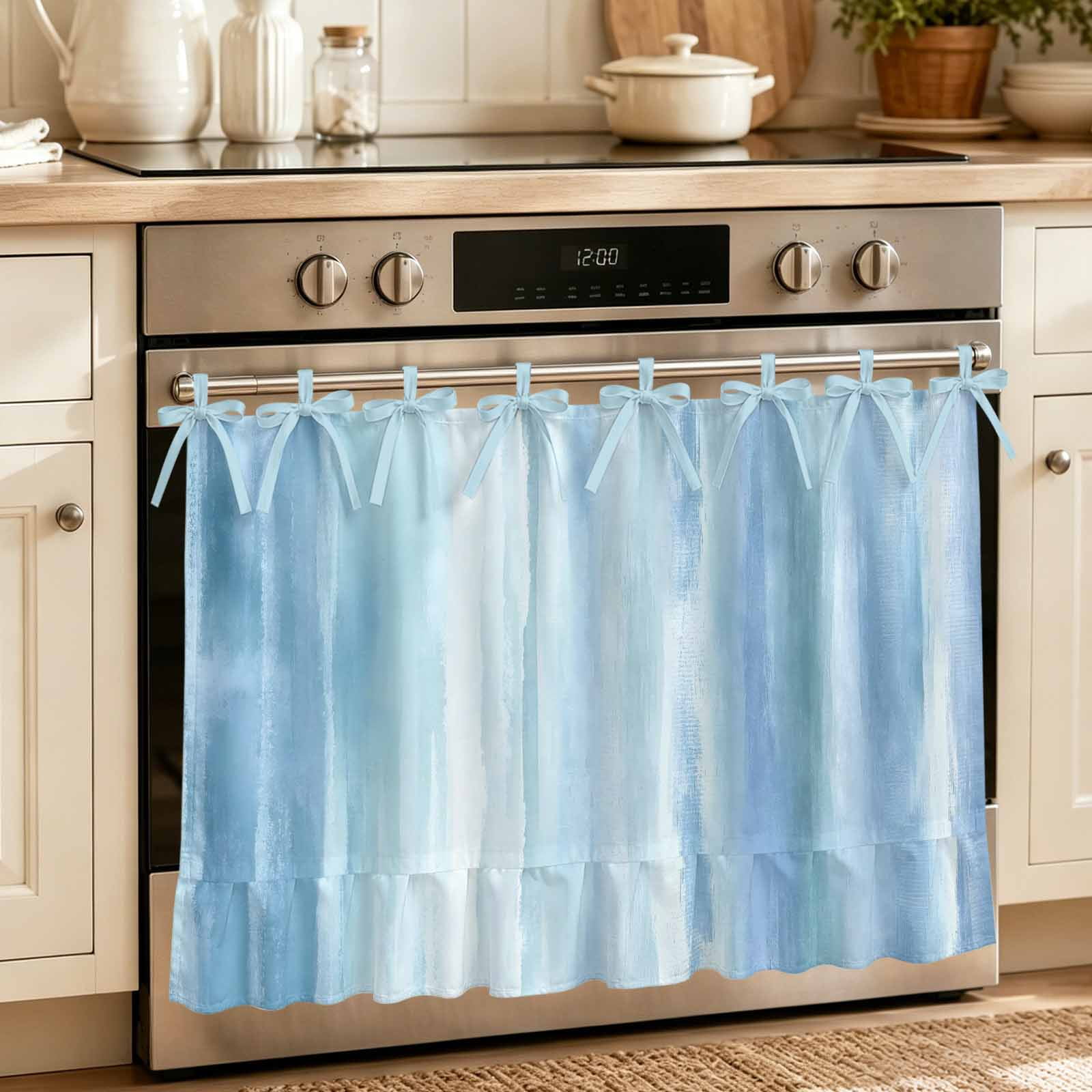 Blue Coastal Nautical Oven Skirt for Farmhouse Kitchen D&eacute;cor Summer Ocean Modern Abstract Waves Oven Curtain Tie Top Decorative Stove Skirt Cabinet Dish Washer Curtains with 8 Ribbon Ties 32 x24