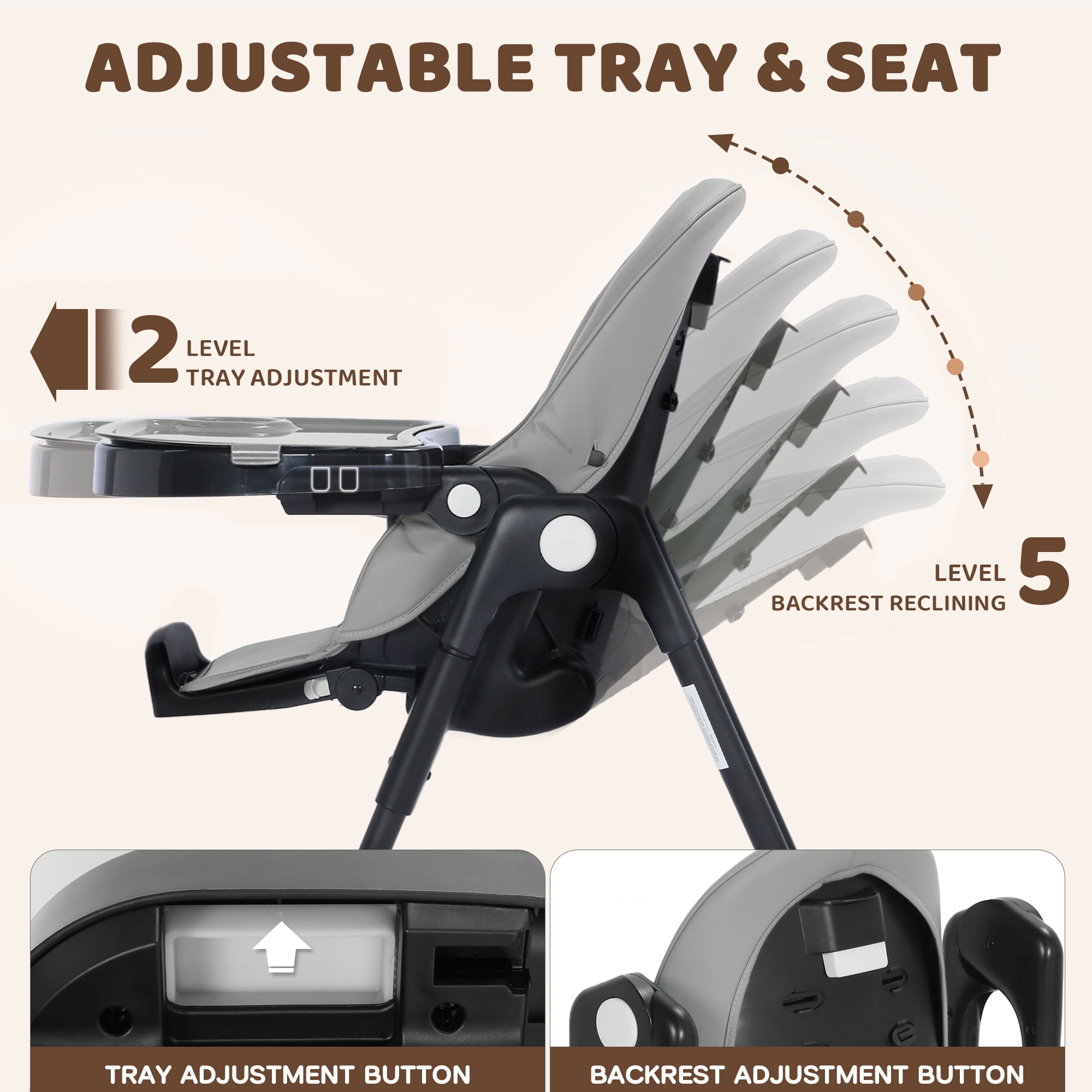 AILEEKISS Foldable High Chair for Baby, Toddler Eating Chair with Detachable Double Trays, Grey