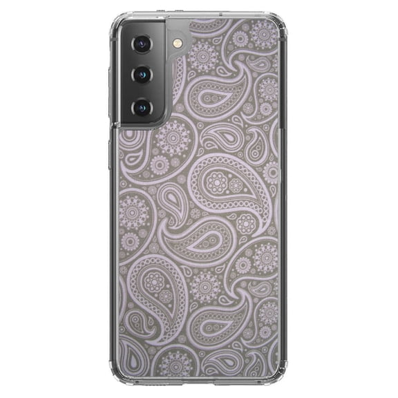 DistinctInk Clear Shockproof Hybrid Case for Galaxy S21  PLUS 5G (6.7" Screen) - TPU Bumper, Acrylic Back, Tempered Glass Screen Protector - Grey Black Paisley