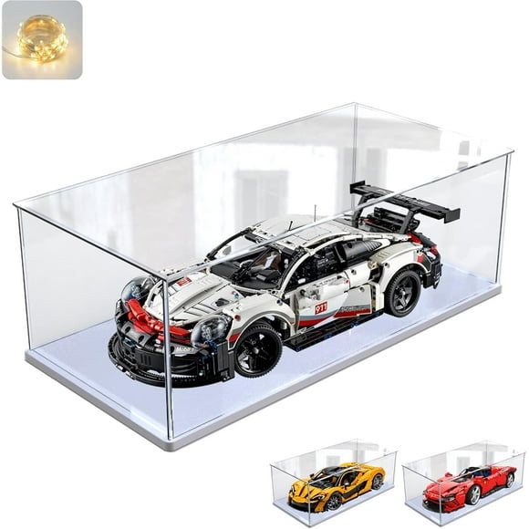ERDS-Thickened Clear Acrylic Display Case with Wood-Plastic Base for Lego 42096 42172 42143 42083 42156 Figures Transparent Box Large Organizer Protection, White Inside 60x30x20cm