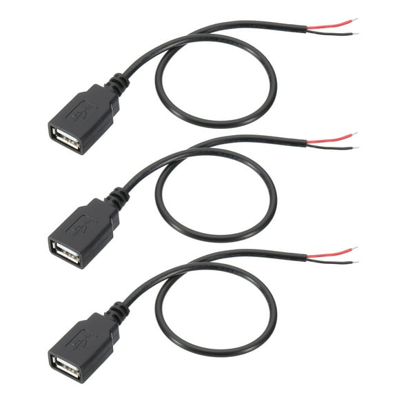 Uxcell 1Ft USB 2.0 Female to 2 Pin Bare Wire Pigtail Cable, 3pcs 22AWG Power Cords Extension, Black