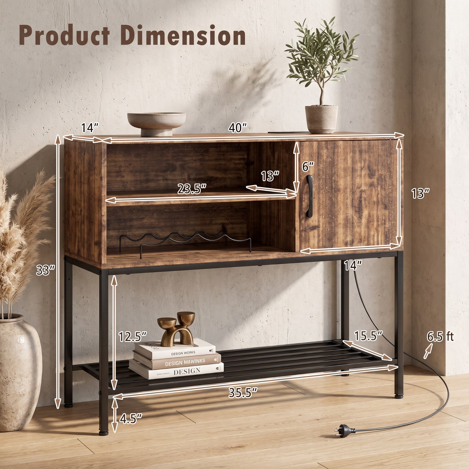 Furnibear Buffet Sideboard Coffee Bar Cabinet with Power Outlets and USB Ports for Kitchen Dining Living Room Buffet Storage Server, Rustic Brown