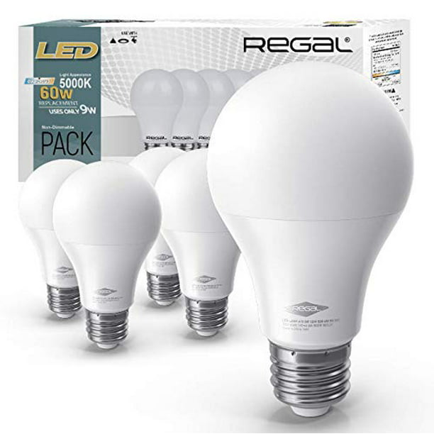 Philadelphia auteur broeden Regal LED A19 Light Bulb 5000K Daylight 800-Lumen, 9-Watt (60-Watt  Equivalent), E26 Base, 5000 Kelvin, Day Light, 5-Pack, Non-Dimmable -  Walmart.com