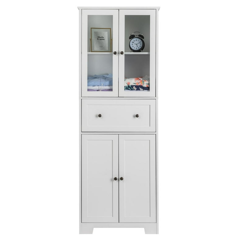 UBesGoo 64 Tall Storage Cabinet Bathroom Linen Closet Storage Tower Cabinet  Organizer with 2 Glass Doors Cabinets & Large Drawer for Kitchen Living  Room Bedroom Laundry Room Entryway Office, White 