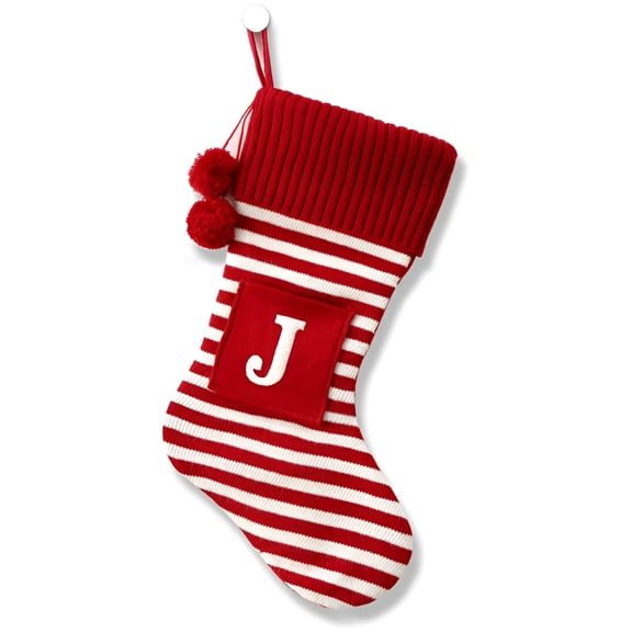 BESTSKY 20 Inches Initial Monogram Embroidered Christmas Stocking Striped knitted Christmas Decorations Stocking Red,White, Green Letter Stockings for Family Holiday and Xmas Tree Fireplace Decor