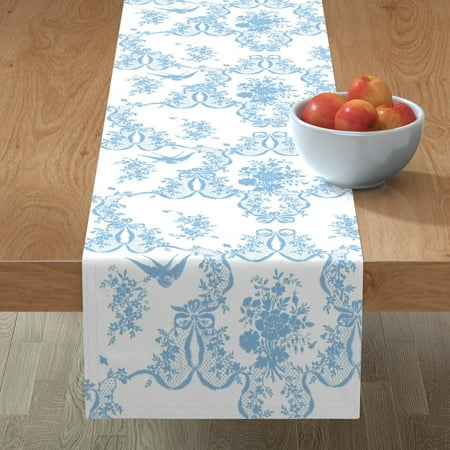 

Cotton Sateen Table Runner 90 - Decorative Toile Floral Birds Pale Blue Damask Botanical Cottage Chic Print Custom Table Linens by Spoonflower