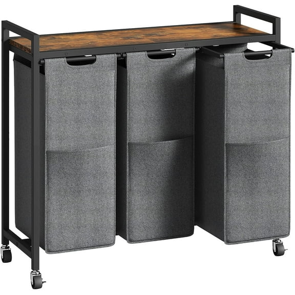 Laundry Sorter 3 Section, Laundry Hamper with Wheels, 3 × 11.5 Gal (43.4L), Rolling Laundry Basket, Pull-Out and Removable Oxford Fabric Laundry Bags, Rustic Brown and Grey