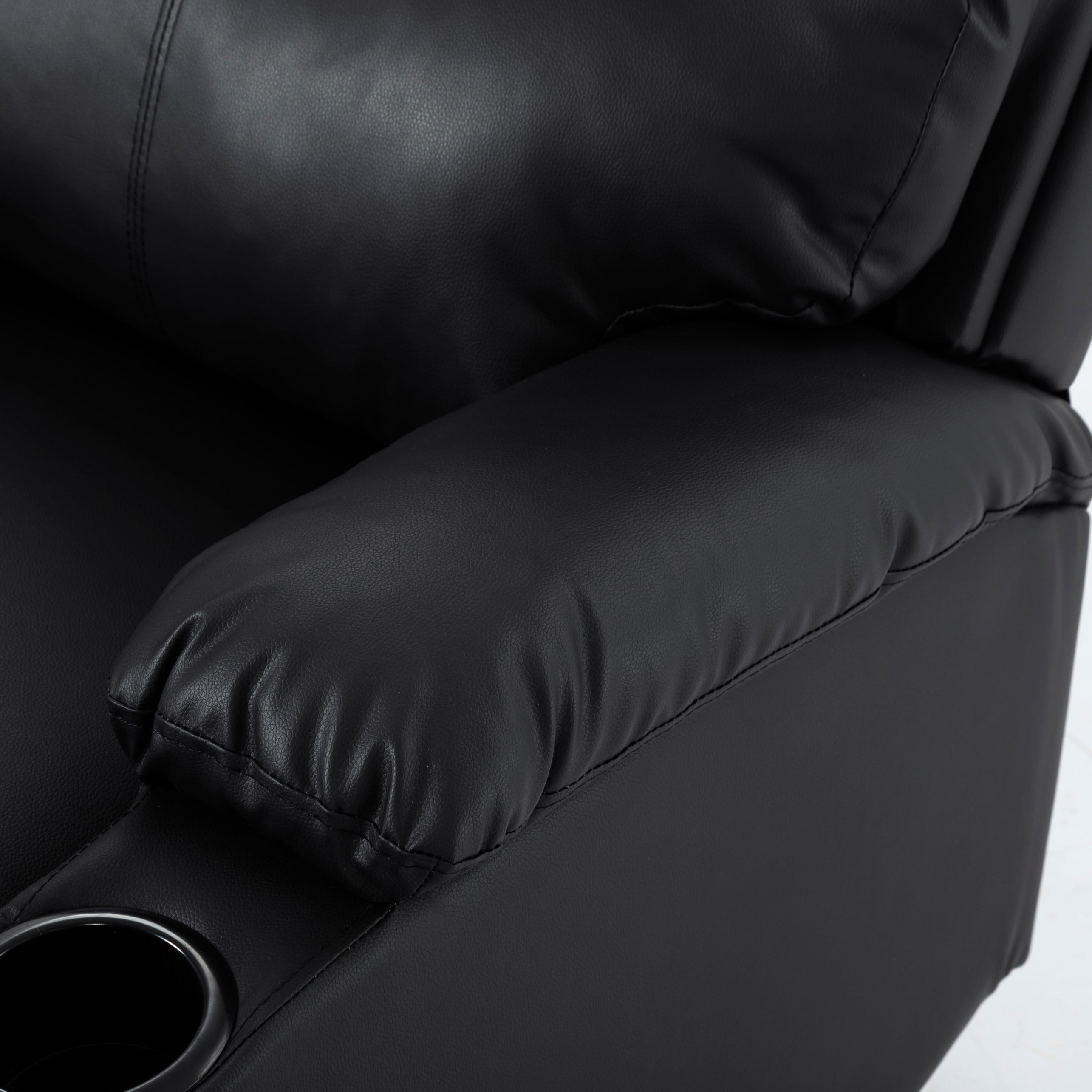 BSHTI Manual Recliner Chair with Phone Holder & Cup Holders, PU Upholstery, Ergonomic Backrest, Solid Wood Frame for Living Room & Bedroom(Black)