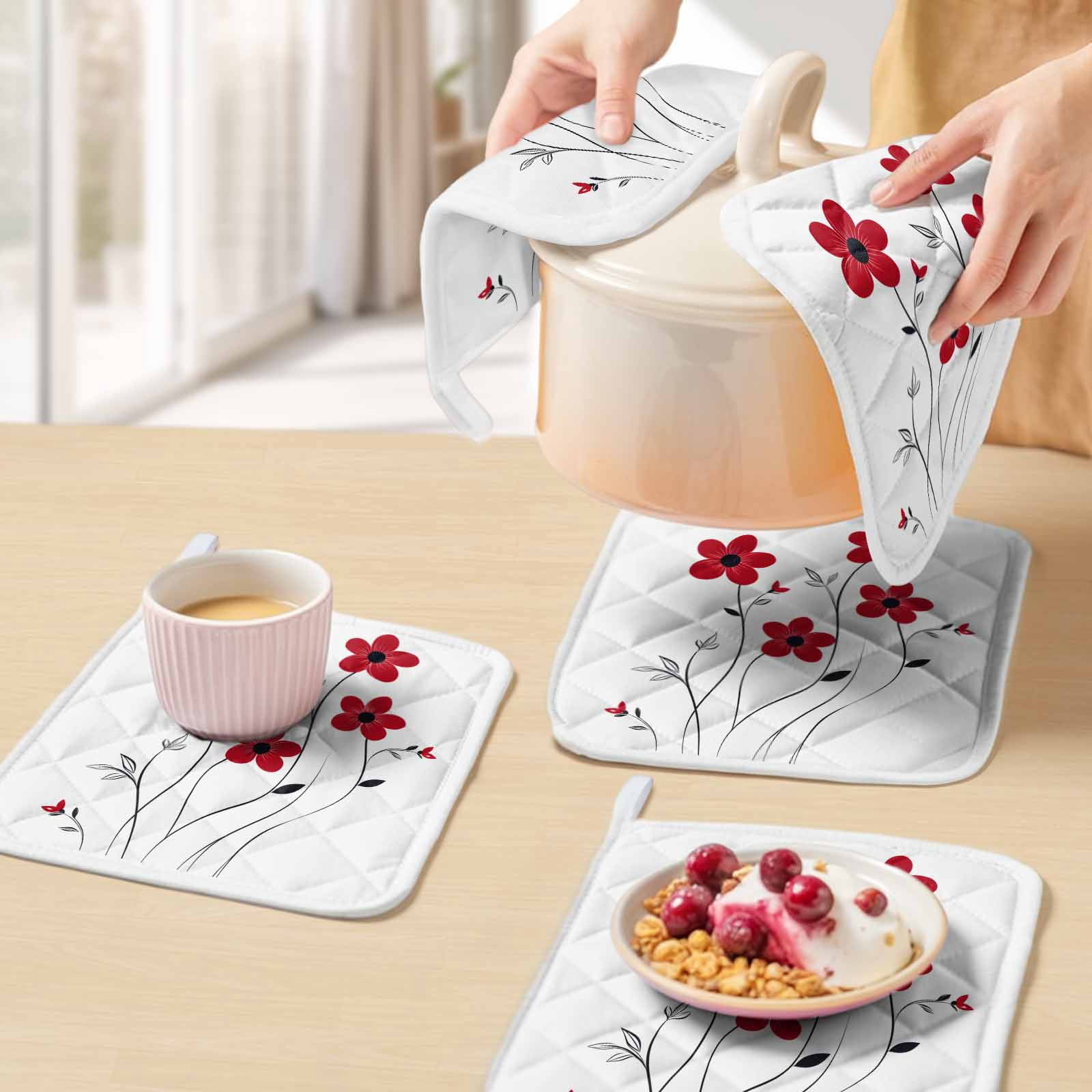 Red Spring Floral Pot Holders for Kitchen Heatproof Potholder, 5 Pack Elegant Summer Botanical Pastoral Hot Pads Multipurpose Oven Pads Cloth Potholders Trivet for Cooking Baking